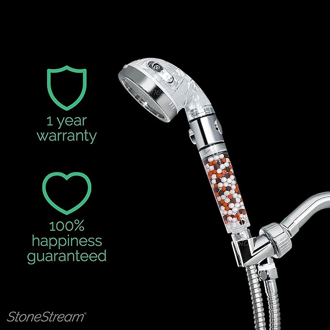 Original StoneStream Filtered Shower Head, Eco Power High Pressure Water Softener Showerhead with ON/OFF switch and Spa like Ionic beads for Dry Skin & Hair — 3 Spray Settings