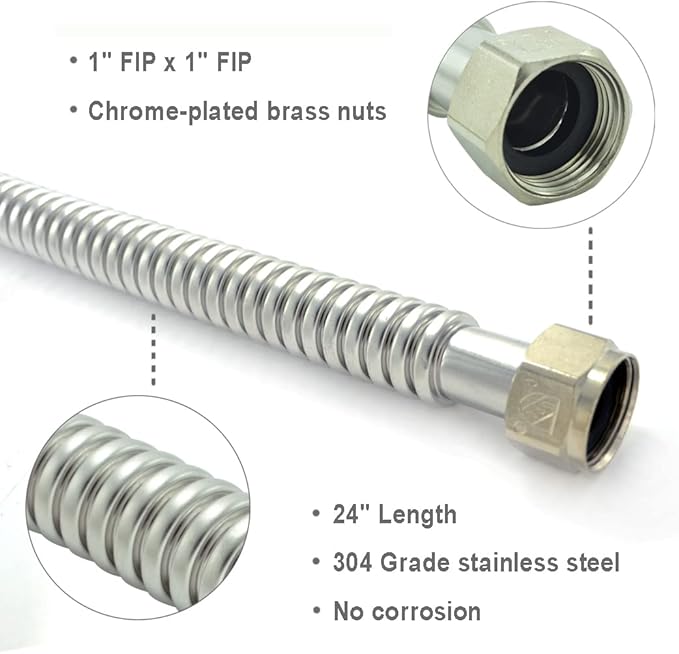 TT FLEX Stainless Steel Corrugated Water Heater Connector Flexible for Water Heater Softener, 1" FIP x 1" FIP, 0.92" ID x 24" Length (2 Pack)