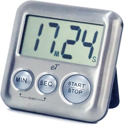 Elegant Digital Kitchen Timer Stainless Steel - Silver - Strong Magnetic Back - Kickstand - Loud Alarm - Large Display - Auto Memory - Auto Shut-Off - Model eT-26 (Silver) by eTradewinds