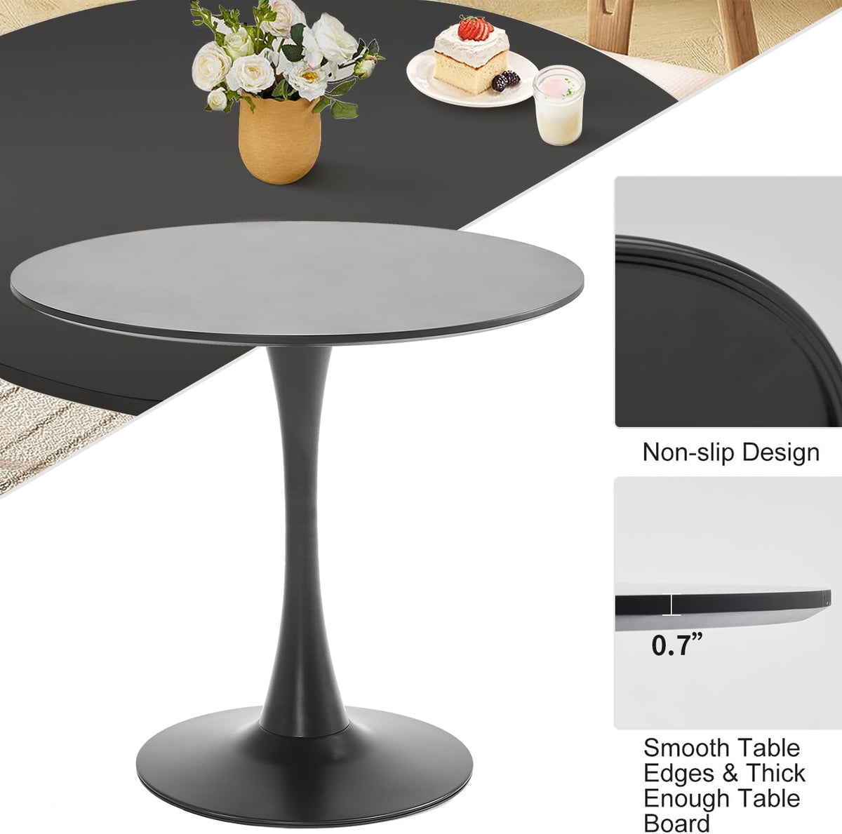 Black Round Dining Table, 31.5" Circle Tulip Table Kitchen Round Dining Table for 2-4 People with Thickened Top and Metal Pedestal, Mid-Century Leisure Table for Home, Dining Room, Cafe