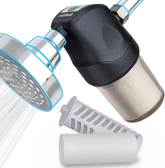 Miniwell Shower Filter System - Purify Water, Reduce Hard Water and Chlorine, Soften Skin and Hair | Bathroom Filter for Contaminants (Black)