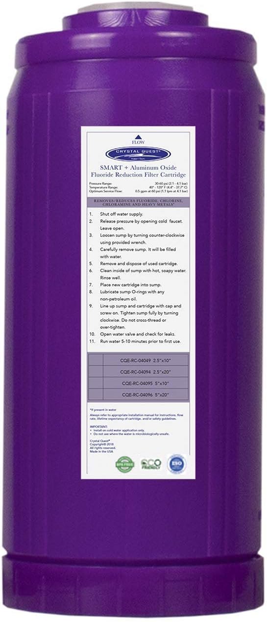 Crystal Quest SMART + Aluminum Oxide Water Filter Cartridge – Reduces Fluoride & Chlorine – 1-Micron Filtration for Clean, Great-Tasting Water – Long-Lasting Performance