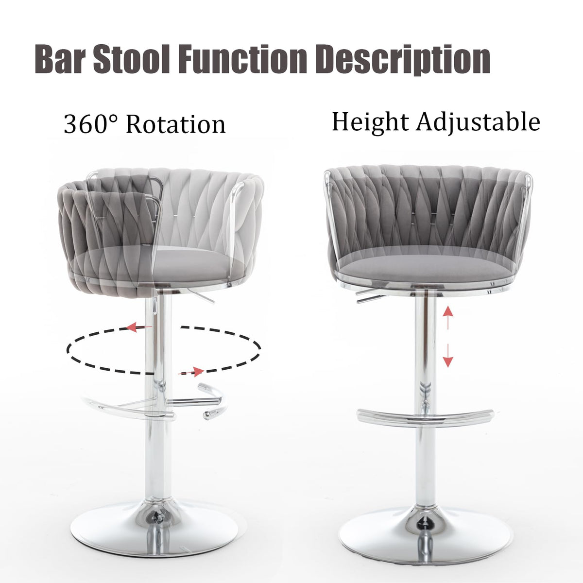 Velvet Bar Stools Set of 2, Swivel Counter Height Bar Stools with Back, Adjustable Woven Barstools for Kitchen Island, Pub, Club (Grey)