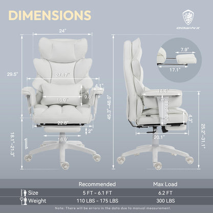 Big and Tall Office Chair with Pocket Spring Cushion, High Back Computer Gaming Chairs with Adjustable Armrests and Lumbar Support,Executive Desk Chairs with Footrest(PU Leather,White)
