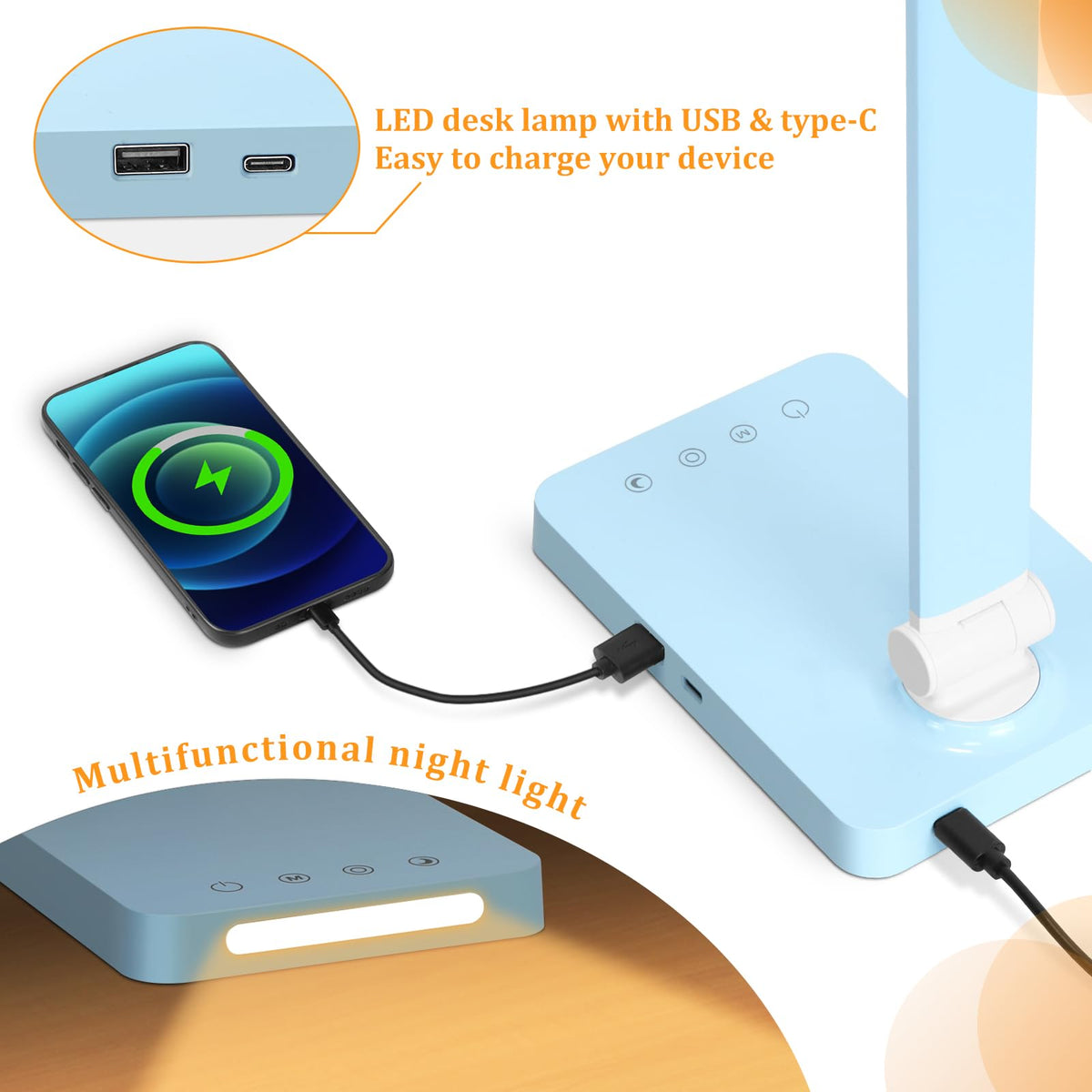 LED Desk Lamp with USB Ports,Touch Desk Lamps for Home Office with 5 Color Modes,3 Brightness Desk Light with Small Night Light,Reading Lamp Table Lamp for Bedroom Bedside Study Blue （with adapter）