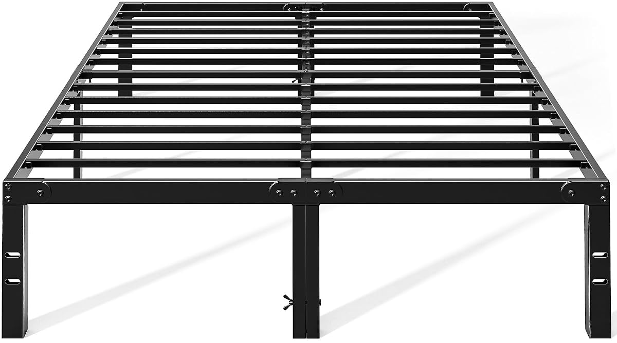 14In Metal Queen Bed Frame with Storage Space, No Box Spring Needed with Sturdy Steel Slat Support, Heavy Duty and Easy Assembly, Platform Bed for Bedroom, Black
