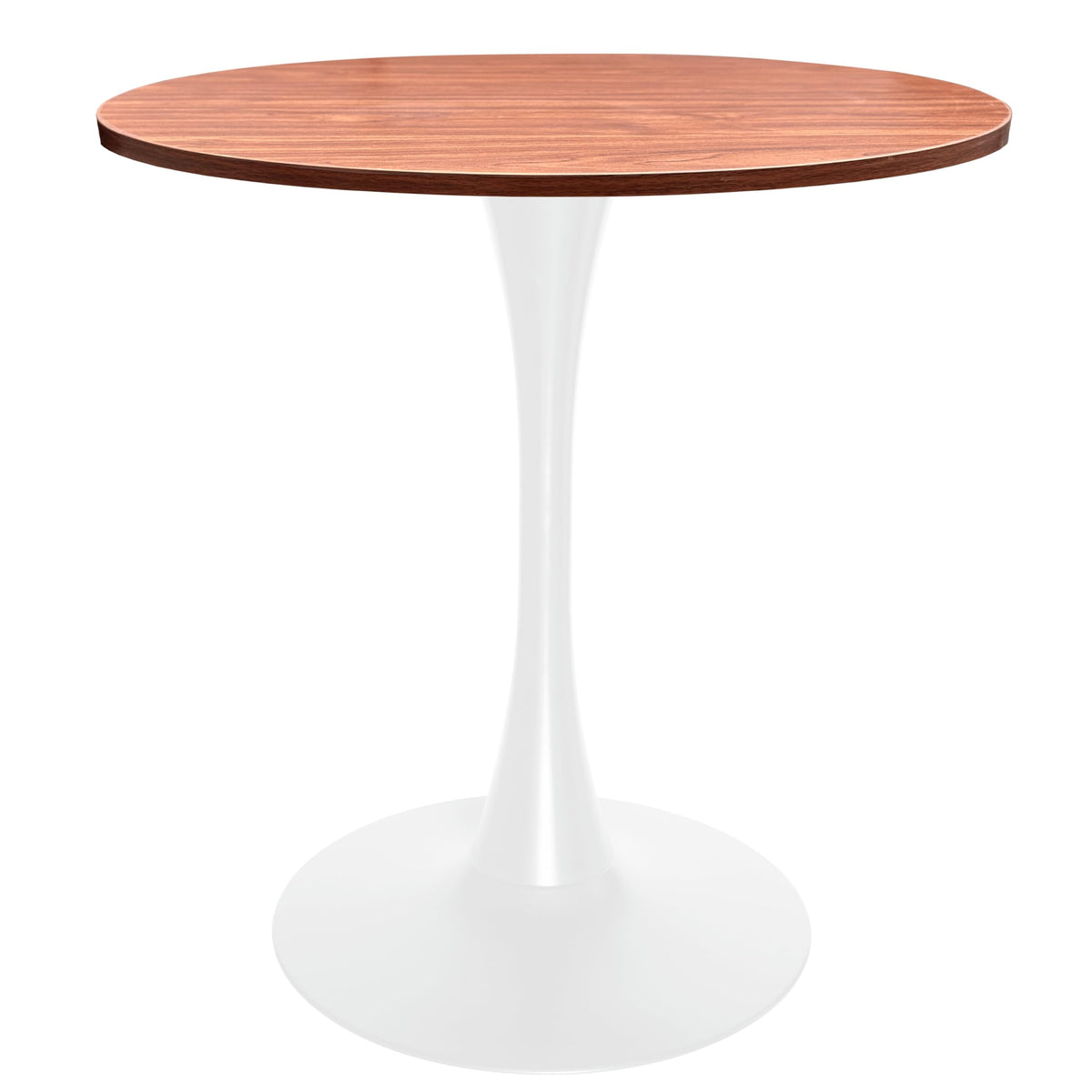 27" Wide Round Dining Table, Modern MDF Wood Top & White Metal Pedestal Base Gloss Finish Accent Table Mid-Century Café Table, Kitchen Dining Room Furniture, Cognac Brown