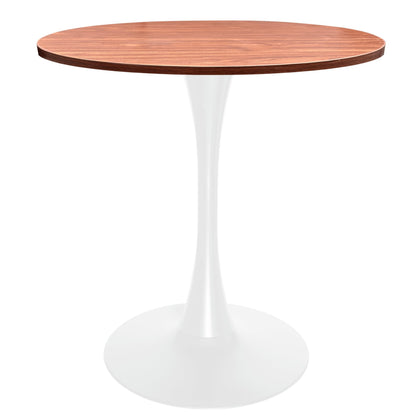27" Wide Round Dining Table, Modern MDF Wood Top & White Metal Pedestal Base Gloss Finish Accent Table Mid-Century Café Table, Kitchen Dining Room Furniture, Cognac Brown