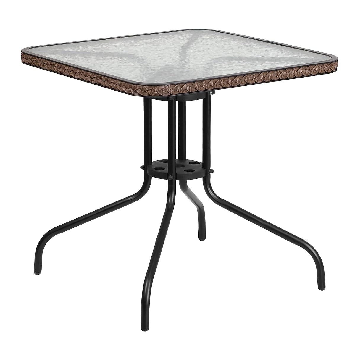 Barker 28'' Square Tempered Glass Metal Table with Dark Brown Rattan Edging