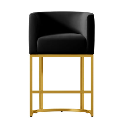 24" Modern Counter Height Bar Stools,Velvet Fabric Upholstered Barrel Barstools with Backs,Island Chairs Bar Stools Set of 1,Metal Gold Frames,Ink Black Velvet