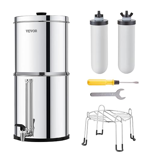 VEVOR Gravity-fed Water Filter System, 2.25G 304 Stainless-Steel Countertop Water Filtration System, Reduces Lead and up to 99% of Chlorine, with 2 Ceramic Carbon Filters, Water Level Spigot, Stand