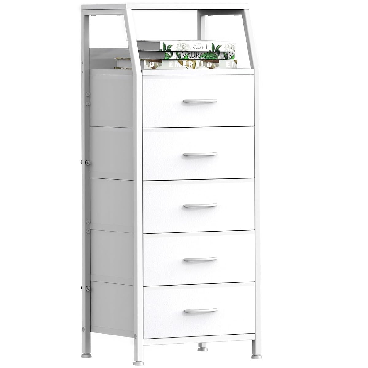 5 Drawers White Tall Fabric Dresser for Bedroom, Dorm Nightstand | Vertical Storage Tower Closet Organizer, Skinny Narrow Bedside Table for Entryway, Steel Frame, Wooden Top