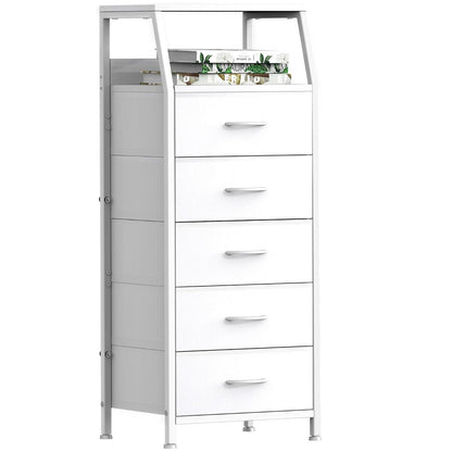 5 Drawers White Tall Fabric Dresser for Bedroom, Dorm Nightstand | Vertical Storage Tower Closet Organizer, Skinny Narrow Bedside Table for Entryway, Steel Frame, Wooden Top