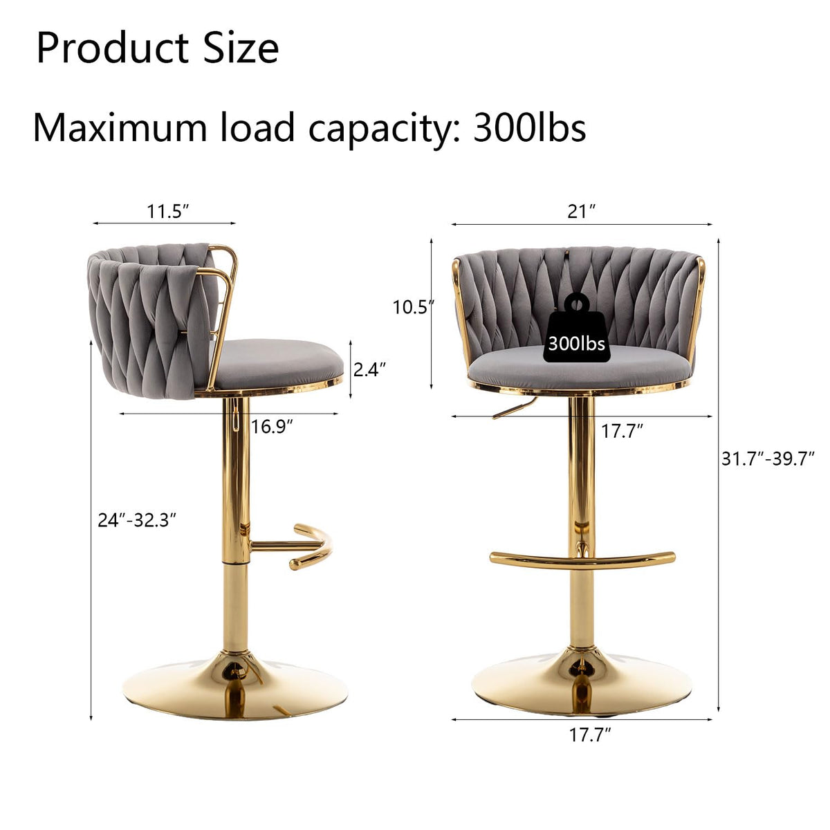 Gold Velvet Bar Stools Set of 2, Swivel Counter Height Bar Stools with Back, Adjustable Woven Barstools for Kitchen Island, Pub, Club (Grey)