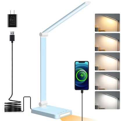 LED Desk Lamp with USB Ports,Touch Desk Lamps for Home Office with 5 Color Modes,3 Brightness Desk Light with Small Night Light,Reading Lamp Table Lamp for Bedroom Bedside Study Blue （with adapter）
