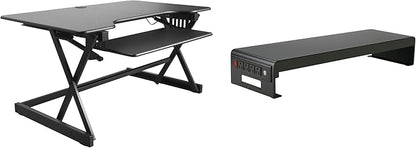 Rocelco 40" Height Adjustable Standing Desk Converter with AC Outlet USB Charger and Dual Monitor Stand - Tabletop Riser Computer Workstation - Sliding Keyboard Tray - Black (R DADRB-40-ACUSB-DMS)