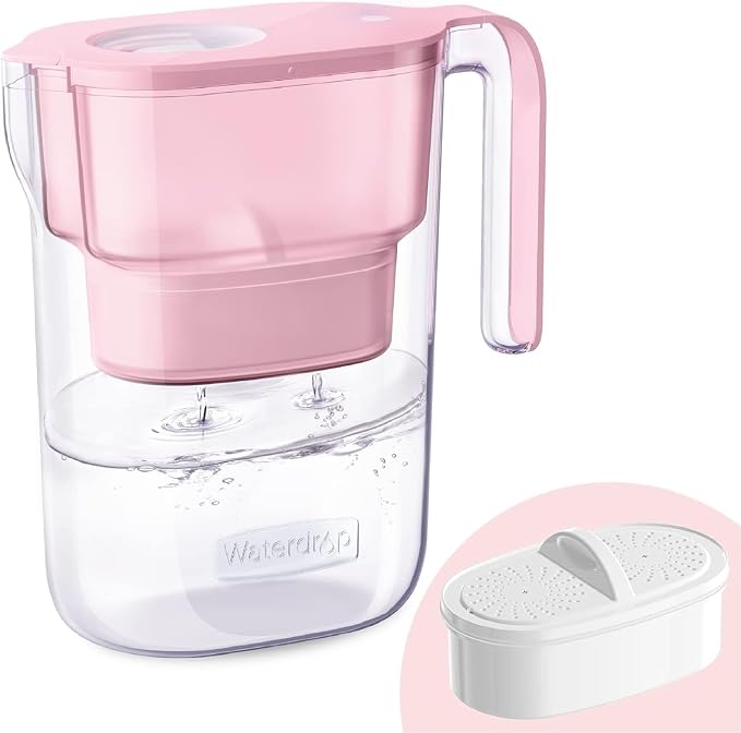 Waterdrop PT-05P Water Filter Pitcher, 7-Cup Capacity, NSF Certified, Pink | 5X Longer Filter Life, Up to 200 Gallons, for Fridge, Countertop, and Gift Giving, Reduces PFOA/PFOS, Chlorine