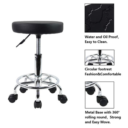 PU Leather Round Rolling Stool with Foot Rest Swivel Height Adjustment Spa Drafting Salon Tattoo Work Office Massage Stools Task Chair Small (Black)