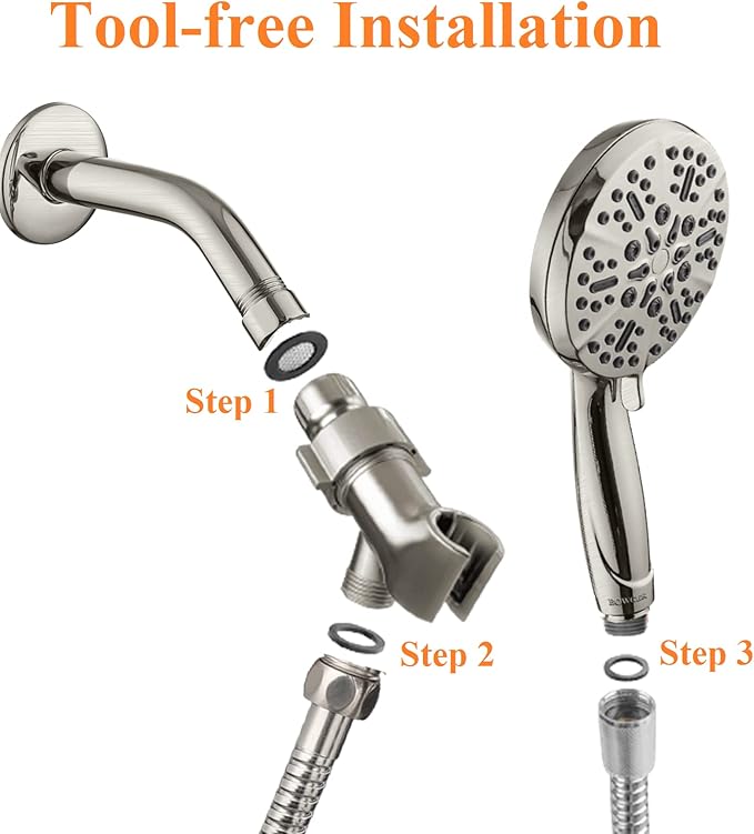 High Pressure Shower Head with Handheld - 5 Spray Settings High Flow Detachable Rain Shower Heads with 60” Extra-long Stainless Steel Hose and Adjustable Bracket with Brass Joint – Brushed Nickel
