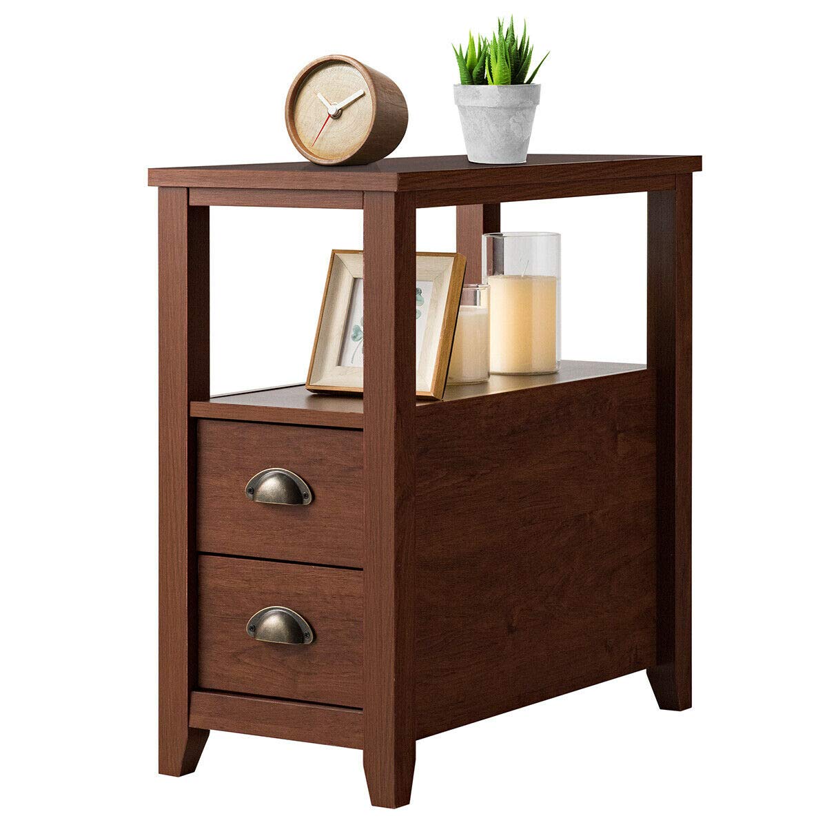 End Table W/ 2 Drawers and Shelf Space-Saving Rectangular Bedside Table with Metal Handle, Retro Side Table for Living Room Bedroom Home Furniture Side Table (1, Brown)