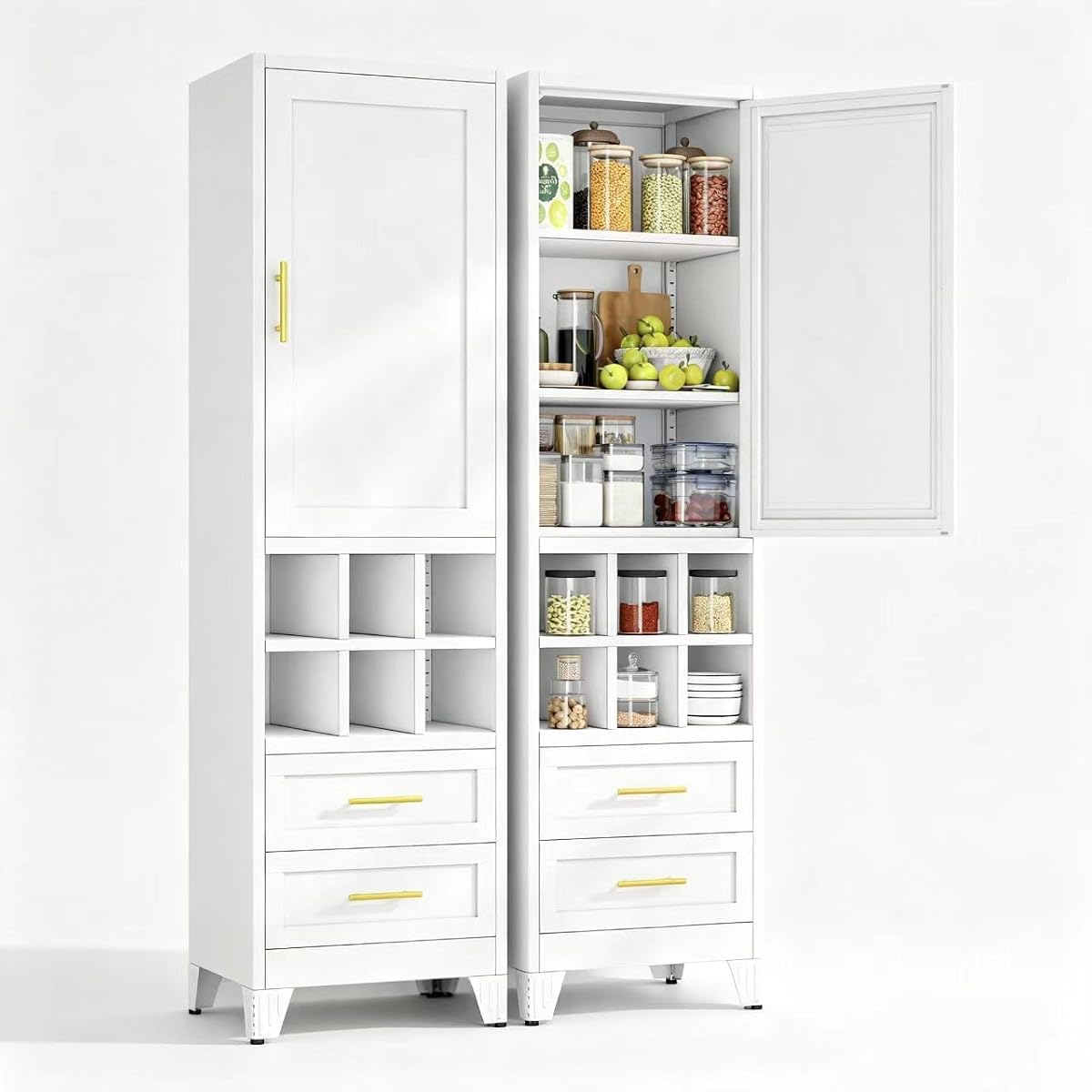Tall Storage Cabinet with Door, Drawers & Wine Rack, Freestanding White Pantry Cupboard with Golden Handles, Modern Display Cabinet for Kitchen Living Room (White)
