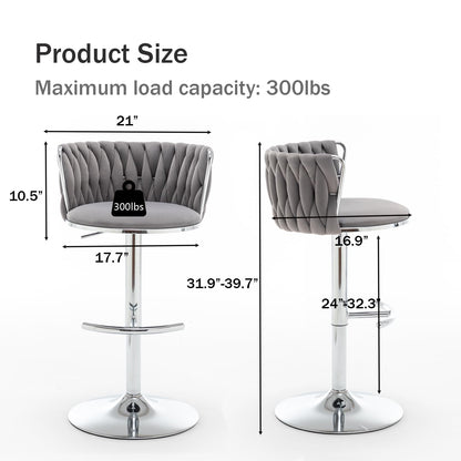 Velvet Bar Stools Set of 2, Swivel Counter Height Bar Stools with Back, Adjustable Woven Barstools for Kitchen Island, Pub, Club (Grey)