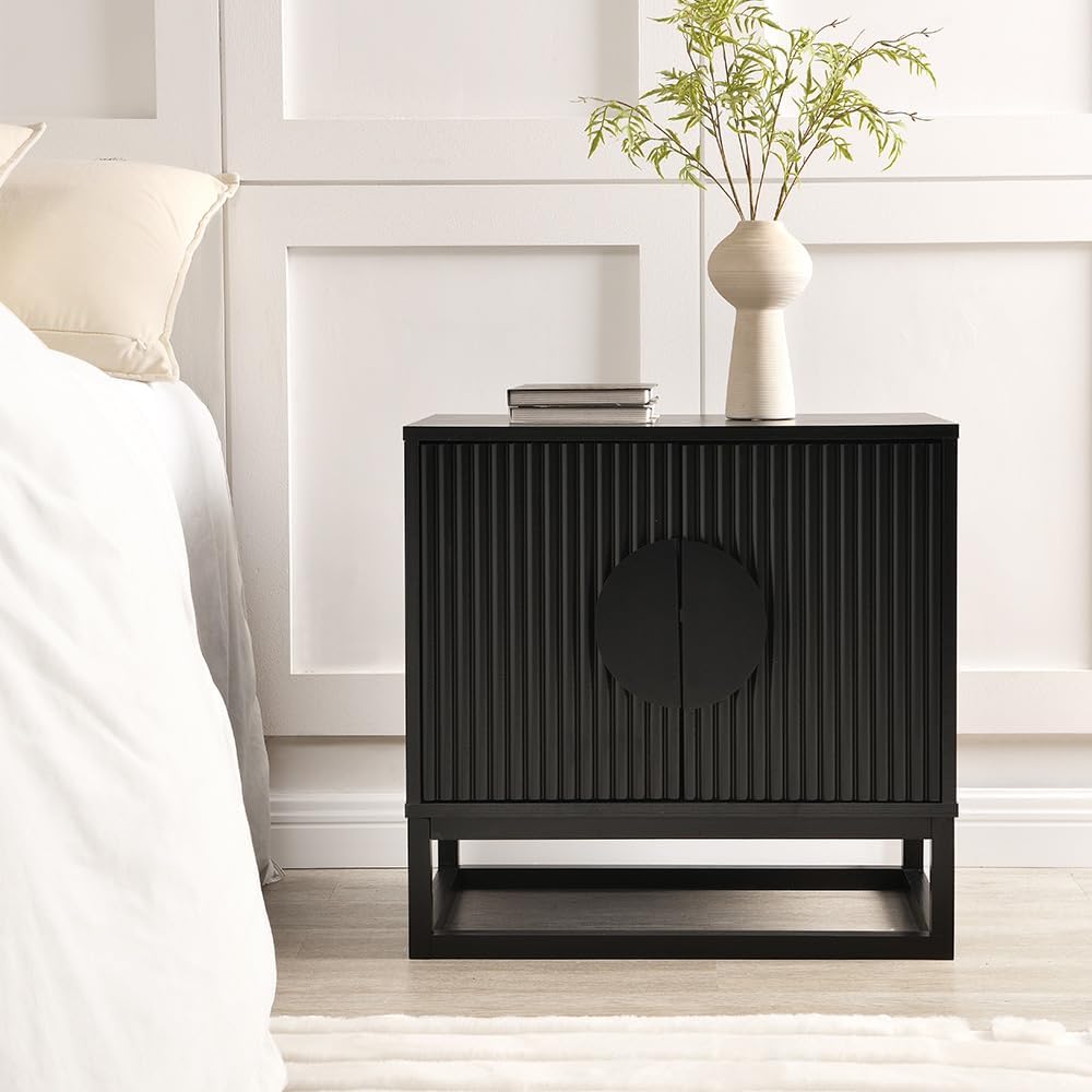 Black Modern Nightstand 24 Inch Tall Nightstand with Solid Wood Doors, Bedroom Night Stand 24 Inch Wide Bedside Table, Mid Century Vintage Fluted Sofa End Side Table Living Room