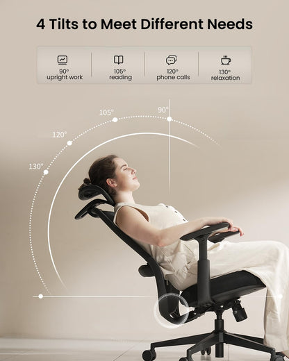 Ergonomic Office Chair – EC200 High-Back Mesh Computer Chair with Lumbar Support, 3D Adjustable Headrest & Sliding Seat for 8+ Hour Comfort, Big & Tall Home Office Desk Chairs - Black