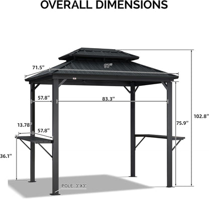 6' X 8' Hardtop Grill Gazebo for Patio Permanent Aluminum Barbeque Shelter Canopy with Ceiling Hook and Shelves Double Tiered Grey Outdoor BBQ Gazebo