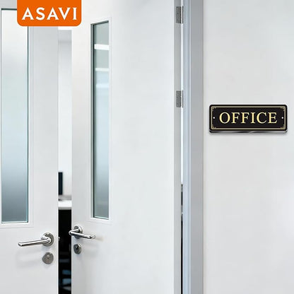 ASAVI “OFFICE” Acrylic Door Sign – Waterproof & Fade-Resistant Office Label with Strong Adhesive + Pre-Drilled Holes (8.7"x3") | Ideal for Doors and Walls in Offices, Lobbies, and Workspaces (Black gold)