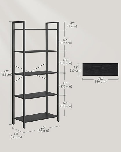 VASAGLE 5-Tier Bookshelf, Bookcase with Steel Frame, Book Shelf for Living Room, Home Office, Study, 11.8 x 26 x 60.2 Inches, Industrial Style, Ebony Black and Ink Black ULLS061B56