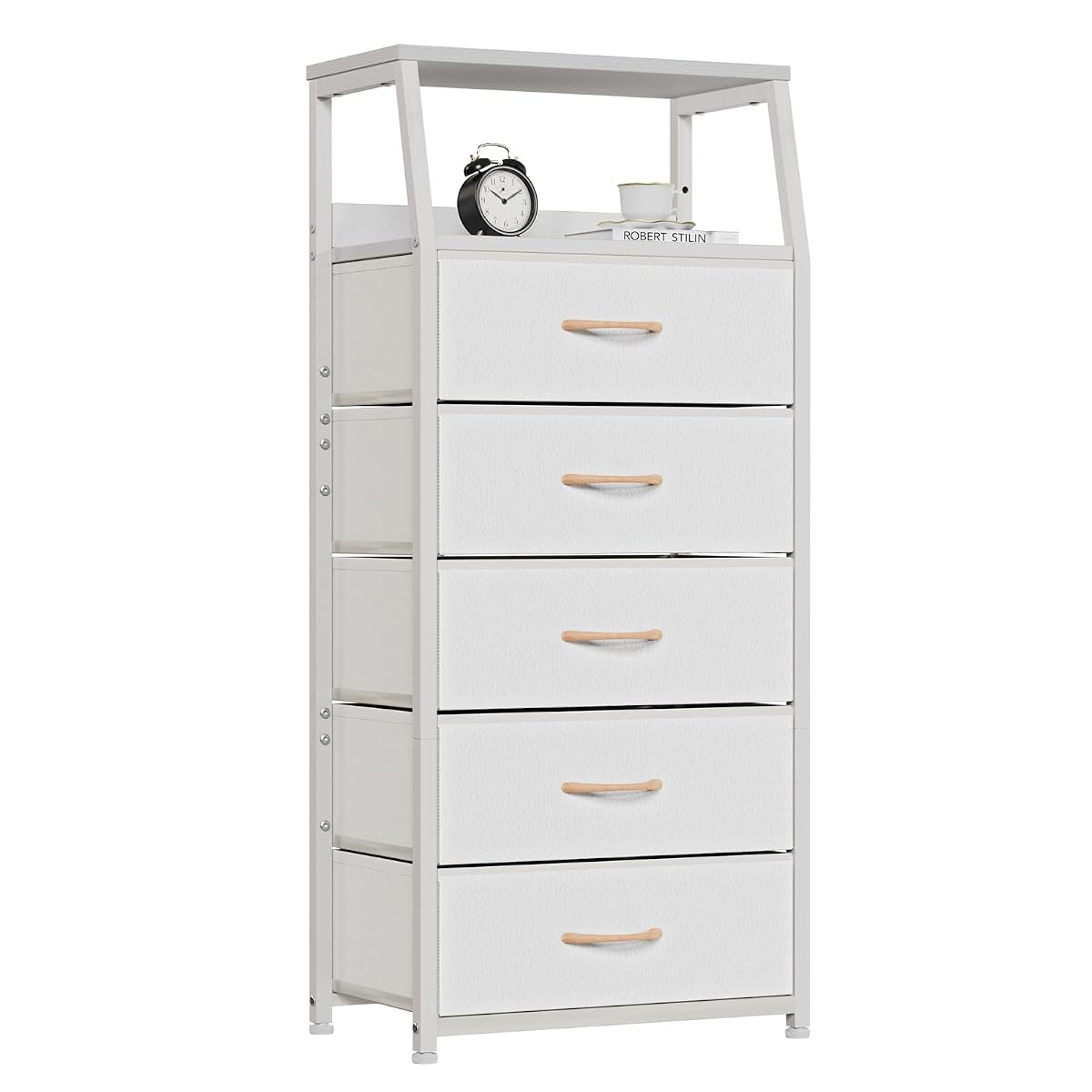 White Tall Dresser for Bedroom, 5 Fabric Bins Tall Nightstand | Dorm Dresser, Vertical Storage for Closet, Chest of Drawer for Entryway, Nightstand Bedside Table, Metal Frame,Wood Top