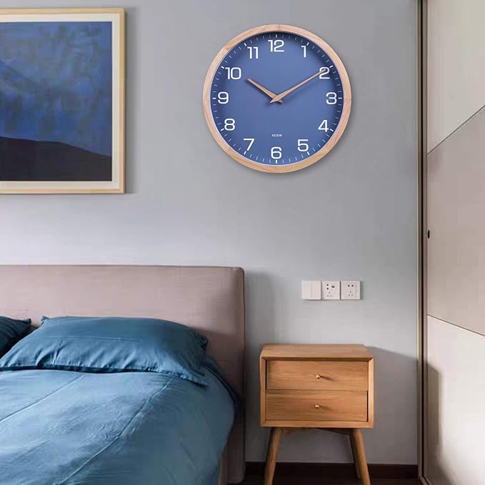 Kesin Wall Clock 12 Inch Silent Non Ticking Wood Wall Clocks Battery Operated - Wooden Blue Modern Simple Clock Decorative for Kitchen,Living Room,Bedroom,Kid’s Room