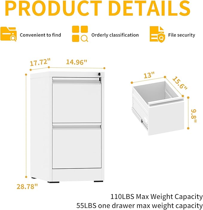 Reegangfa 2 Drawer File Cabinet with Lock, Metal Vertical Filing Cabinet, Lockable Heavy Duty Steel Small File Cabinets for Home Office, for A4 Legal/Letter Size Storage, White, Assembly Required