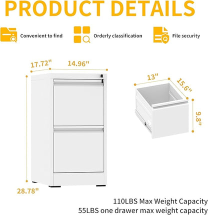 Reegangfa 2 Drawer File Cabinet with Lock, Metal Vertical Filing Cabinet, Lockable Heavy Duty Steel Small File Cabinets for Home Office, for A4 Legal/Letter Size Storage, White, Assembly Required