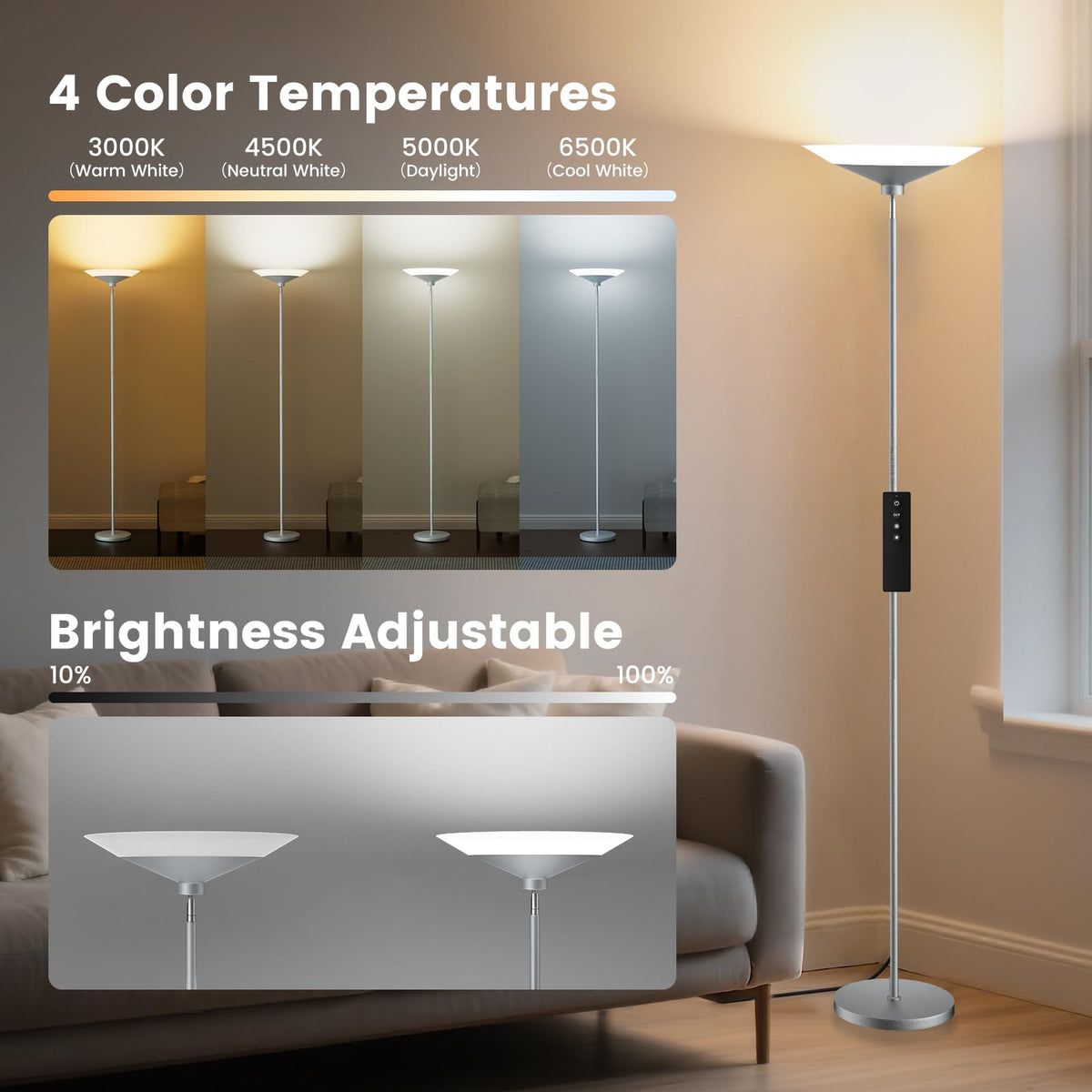Silver Torchiere Floor Lamp - 30W Dimmable LED Standing Lamp with Remote/Button Control, 1800Lm, 3000-6500K, 72in Bright Standing Pole Light for Living Room Bedroom Office Corner