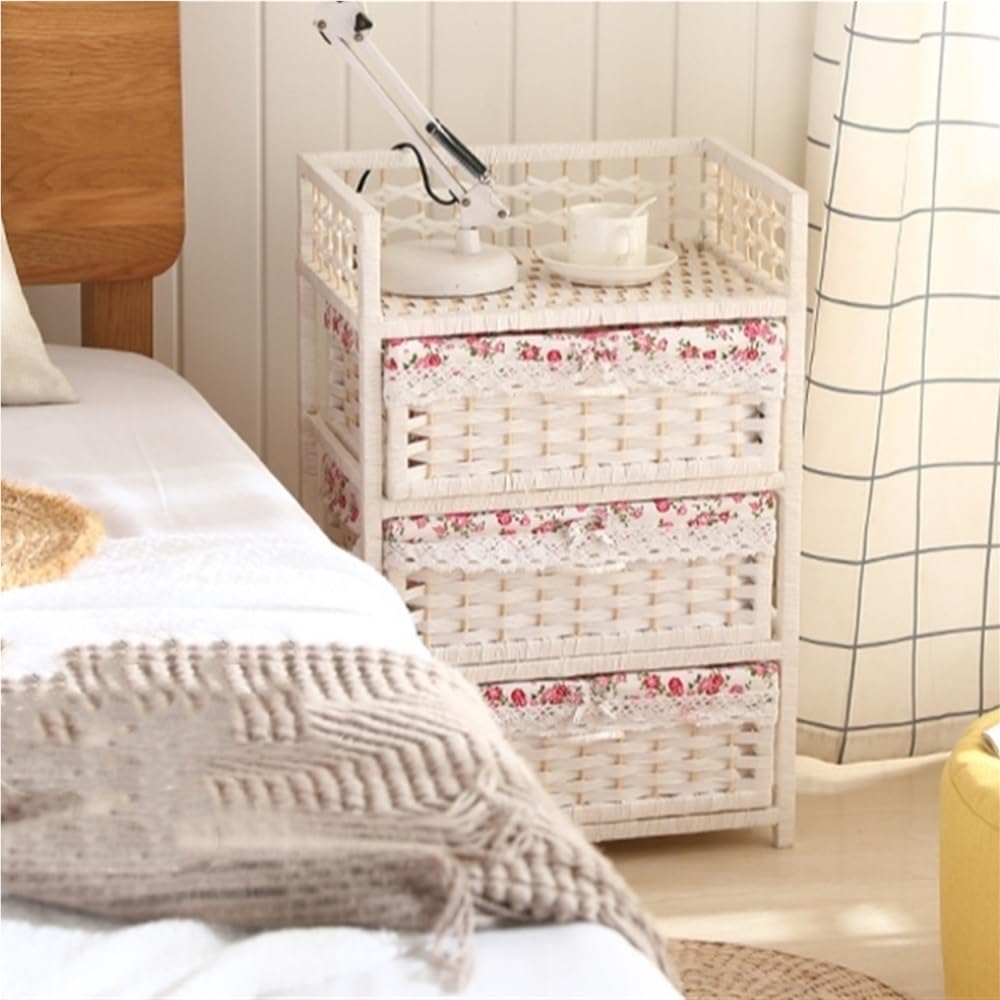 Rattan-Like Nightstand, Storage Cabinet with 3 Drawers, Minimalist Side Tables, Decorative Living Room Furniture, Multi-Function Side Cabinet for Bedroom, Living Room(White)