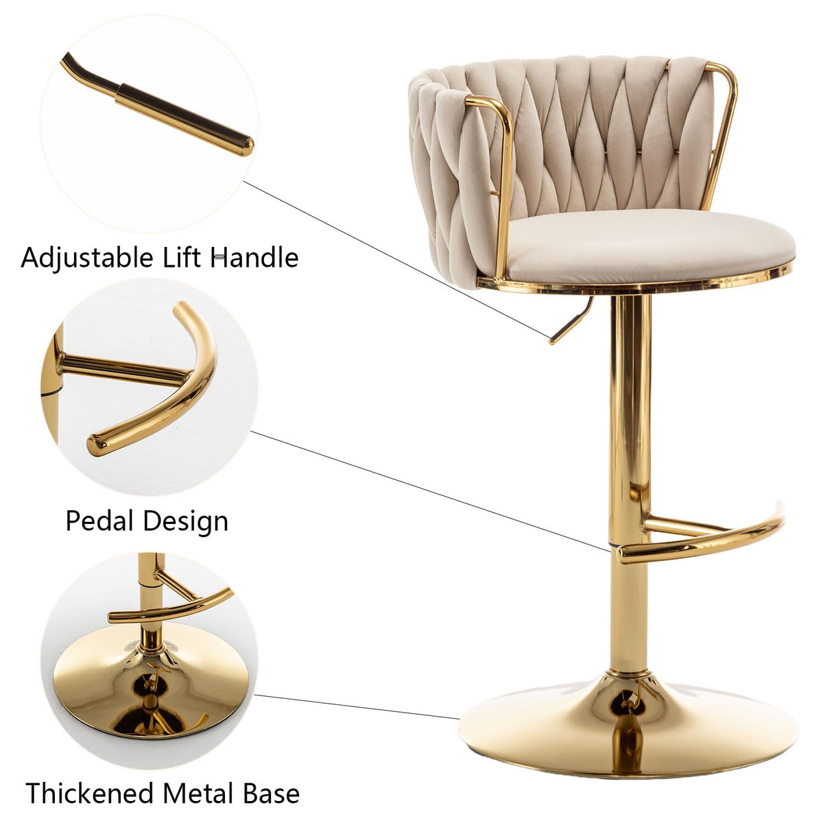 Gold Velvet Bar Stools Set of 6, Swivel Counter Height Bar Stools with Back, Adjustable Woven Barstools for Kitchen Island, Pub, Club (Beige)