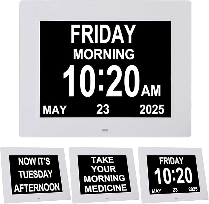 TMC 8 Inch Digital Dementia Clock for Seniors, Large Calendar with Day Date & Week Display, 5 Alarms + 3 Medicine Reminders, Plays SD Card Video, Wall Mountable, Detachable Stand (White, SD)