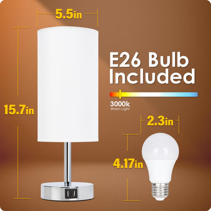 Bedside Lamp with USB Port - Touch Control Table Lamp for Bedroom 3 Way Dimmable Nightstand Lamp with Round White Fabric Shade for Living Room, Dorm, Home Office (LED Bulb Included)