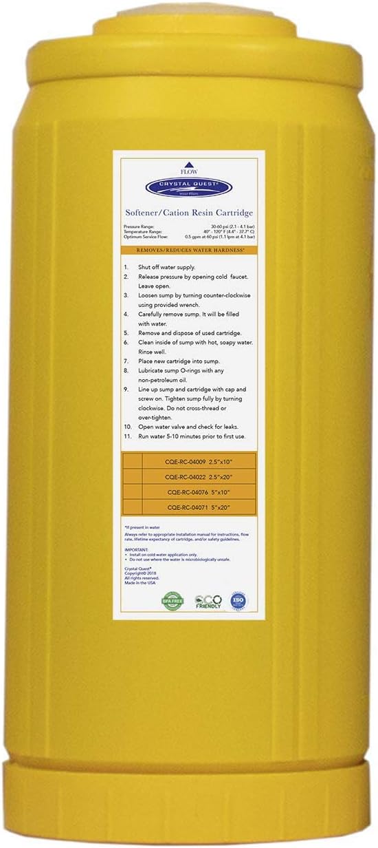 Crystal Quest Cation Resin Softener Filter – Reduces Hard Water, Prevents Scale Buildup, Protects Plumbing & Appliances, Enhances Water Quality, Long-Lasting Performance 4-5/8” x 9-3/4”