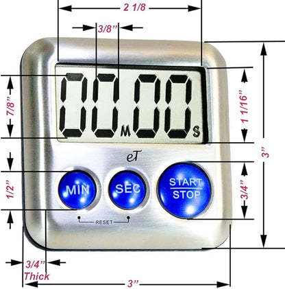 Elegant Digital Kitchen Timer Stainless Steel - Plumberry - Strong Magnetic Back - Kickstand - Loud Alarm - Large Display - Auto Memory - Auto Shut-Off - Model eT-24 (Plumberry) by eTradewinds