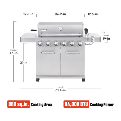 6+1 Burner Stainless Steel Cabinet Style Propane Gas Grill with Knob Controls, Side Burner, Built-In Thermometer, and Rotisserie Kit