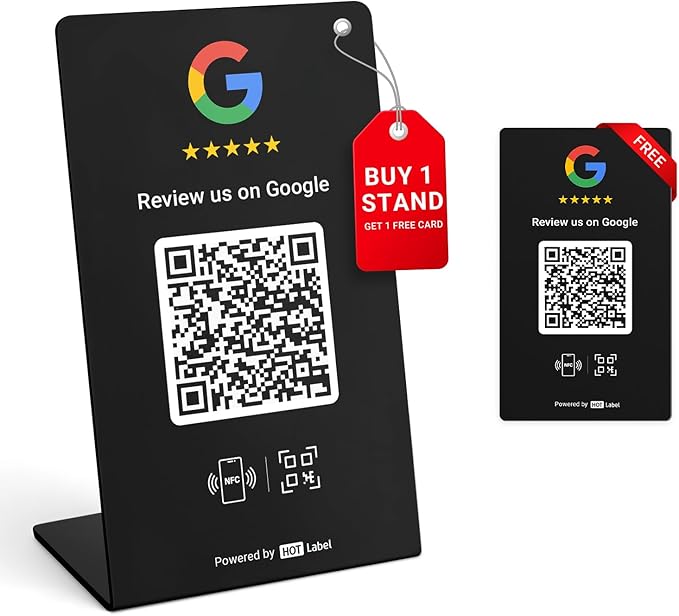 HotLabel – Google Review Stand 1-Pack – Bonus Google Review Tap Card 1-Pack – Black – NFC Tap & QR Code – Supports 2 Different Stores or Same - All Phones Compatible – No App/Subscription