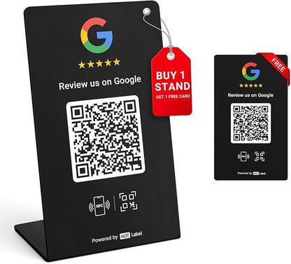 HotLabel – Google Review Stand 1-Pack – Bonus Google Review Tap Card 1-Pack – Black – NFC Tap & QR Code – Supports 2 Different Stores or Same - All Phones Compatible – No App/Subscription