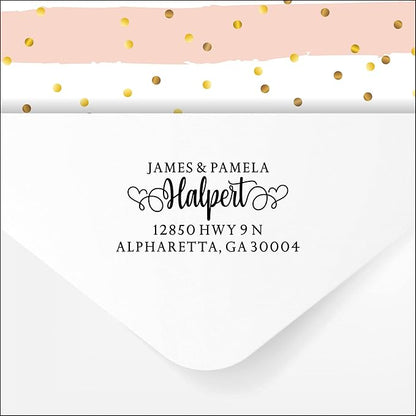 PrettySweetParty Self Inking Return Address Stamp - Custom 4 Line Personalized Address Stamp for Envelopes, Wedding Invitations, Business, Mailing Labels (Halpert Heart Tails)
