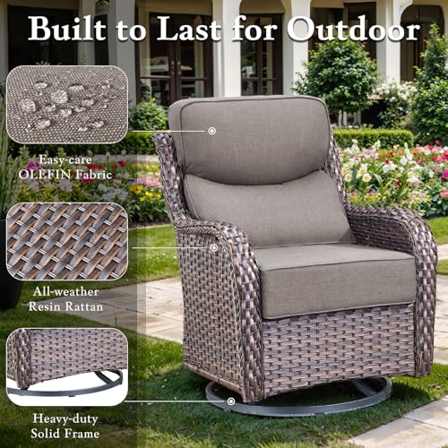 Luxury High Back Outdoor Furniture with 6-inch Extra Thick Cushions, Patio Furniture Set with Fire Pit Table & Swivel Chairs, 9 PCS Wicker Conversation Set for Yard, Deck, Poolside, Brown/Grey