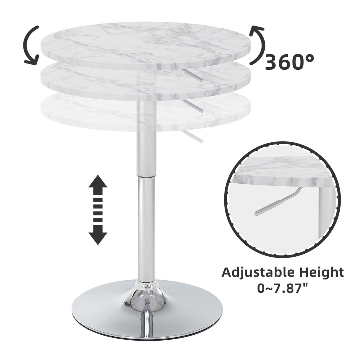 23.6" Round Bar Table, Adjustable Height Bar Table, Modern Cocktail Tables with MDF Top and Metal Base, Bistro Pub Tables Suitable for Cafe, Kitchen Island, Bar Counter, White