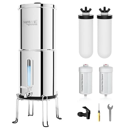 Purewell 2.25G Gravity Water Filter System with Water Level Window, 8-Stage Stainless Steel Countertop System with 4 Filters and Stand, Reduce Fluoride and Chlorine, PW-KST-CF