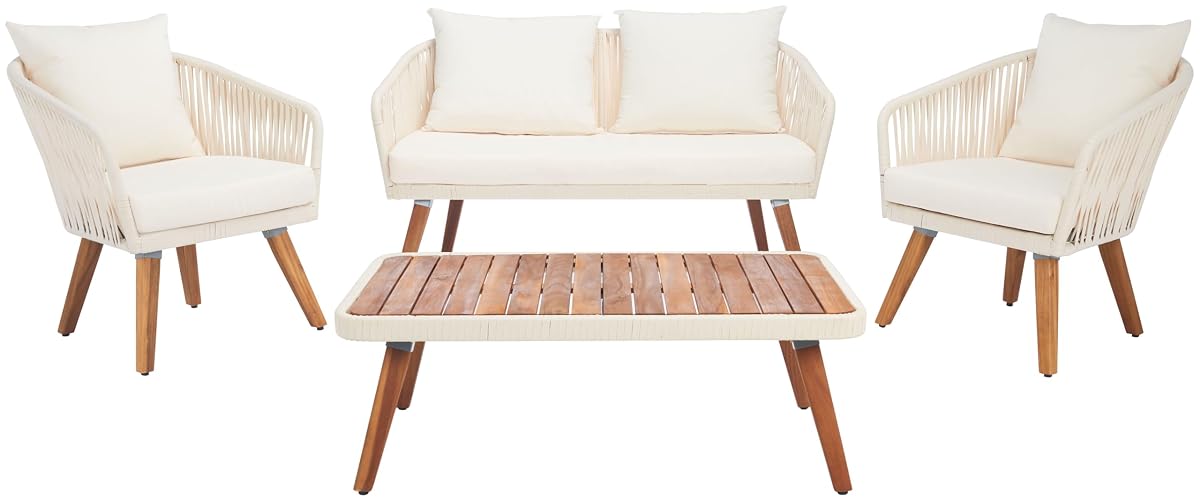 SAFAVIEH Outdoor Collection Ransin Beige/Beige/Natural Solid Wood 4-Piece Conversation Patio Set